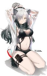 Rule 34 | 1girl, animal ear fluff, animal ears, arknights, armpits, arms up, bare legs, black footwear, black scarf, black shorts, breasts, cat ears, cleavage, commentary, crop top, hair over one eye, highres, jacket, long hair, long sleeves, looking at viewer, medium breasts, midriff, navel, open clothes, open jacket, ponytail, pouch, scarf, schwarz (arknights), see-through, seiza, shadow, shoes, short shorts, shorts, silver hair, simple background, sitting, solo, steeb, stomach, thigh strap, thighs, white background, white jacket, yellow eyes