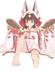 Rule 34 | animal ears, azur lane, barefoot, blush, brown hair, chaosexceed, choko (cup), commission, cup, dress, feet, foot focus, fox ears, fox girl, fox shadow puppet, highres, japanese clothes, nagato (azur lane), nagato (great fox&#039;s white gown) (azur lane), no shoes, official alternate costume, pixiv commission, sitting, smile, soles, toes, wet, white dress, yellow eyes