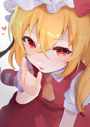 Rule 34 | 1girl, :p, absurdres, ascot, blonde hair, blush, bow, commentary request, crossed bangs, flandre scarlet, from above, fuua (fxae3875), hair between eyes, hair bow, hat, heart, heart-shaped pupils, highres, looking at viewer, mary janes, medium hair, mob cap, one side up, orange ascot, puffy short sleeves, puffy sleeves, red bow, red footwear, red skirt, red vest, shoes, short sleeves, simple background, sitting, skirt, solo, symbol-shaped pupils, tongue, tongue out, touhou, vest, wariza, white background, white hat, white legwear, wing collar