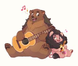 Rule 34 | :d, animal, animal focus, animalization, beamed sixteenth notes, bear, brown fur, eighth note, father and son, full body, greg universe, guitar, highres, holding, holding instrument, hua hua de meme, instrument, lion, looking at another, music, musical note, open mouth, pink gemstone, quarter note, red fur, singing, sitting, smile, steven quartz universe, steven universe, white background
