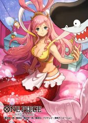 Rule 34 | 1girl, animal, bikini, blue eyes, blush stickers, bubble, commentary request, copyright name, fish hair ornament, hagoromo, hair ornament, half updo, looking at another, looking up, megalo, mermaid, monster girl, muraicchi (momocchi), official art, on bed, one piece, one piece card game, pink hair, shark, sharp teeth, shawl, shirahoshi, sidelocks, smile, swimsuit, teeth, yellow bikini