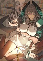Rule 34 | 1girl, :p, absurdres, aqua nails, arknights, arm support, arm up, black jacket, blush, book, book stack, breasts, brown pantyhose, candle, dress, fangs, fingerless gloves, gloves, green eyes, grey hair, head wings, highres, ho&#039;olheyak (arknights), indoors, jacket, large breasts, library, long hair, long sleeves, looking at viewer, nail polish, open clothes, open jacket, pantyhose, sitting, solo, tail, tangdemusi, tongue, tongue out, underbust, white dress, white gloves, wings