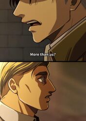 Rule 34 | 2boys, absurdres, alternate universe, anime coloring, blonde hair, blue eyes, english text, erwin smith, head out of frame, highres, implied yaoi, levi (shingeki no kyojin), looking ahead, male focus, multiple boys, nakariiale, paradis military uniform, profile, screenshot background, shingeki no kyojin, short hair, subtitled, surprised, thick eyebrows, wide-eyed