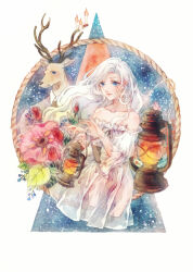 Rule 34 | 1girl, animal, bare shoulders, berry, black corset, blue eyes, candle, chain, closed mouth, clothed animal, collarbone, collared shirt, commentary, corset, deer, dress, fire, flower, frilled sleeves, frills, full body, holding, holding lantern, huangpi sang, kneeling, lantern, leaf, long hair, long sleeves, medium dress, off-shoulder dress, off shoulder, ok sign, original, painting (medium), pink flower, pink lips, pink ribbon, pleated skirt, puffy long sleeves, puffy sleeves, red flower, red rose, ribbon, rope, rose, see-through, see-through dress, shirt, simple background, single sidelock, skirt, smile, solo, space, star (sky), symbol-only commentary, traditional media, watercolor (medium), wavy hair, white background, white dress, white hair, white shirt, white sleeves, wide sleeves