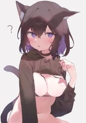 Rule 34 | 1girl, ?, animal ear fluff, animal ears, bikini, black bikini, blush, bottomless, brown hair, brown jacket, cat ears, cat girl, cat tail, clothes lift, colored inner hair, heart, heart-shaped pupils, highres, jacket, jacket lift, long hair, long sleeves, looking at viewer, multicolored hair, open mouth, original, otintin, parted lips, purple eyes, purple hair, short hair, solo, swimsuit, symbol-shaped pupils, tail
