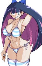 Rule 34 | 1girl, aqua eyes, bikini, blush, bow, breasts, colored inner hair, hair bow, highres, large breasts, long hair, looking at viewer, multicolored hair, nail polish, navel, panty &amp; stocking with garterbelt, shiny skin, simple background, skindentation, solo, standing, stocking (psg), striped bikini, striped clothes, striped thighhighs, swimsuit, thighhighs, tomozawa mamoru, two-tone hair, white background