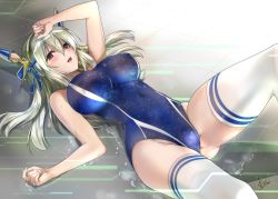 Rule 34 | 1girl, arm up, ass, blue one-piece swimsuit, blush, breasts, character request, commentary request, competition swimsuit, copyright request, covered navel, gluteal fold, hair ornament, hairband, hand on own head, highres, knee up, large breasts, legs, lips, long hair, lying, mitarashi kousei, on back, on floor, one-piece swimsuit, open mouth, red eyes, solo, swimsuit, thick thighs, thighhighs, thighs, wet, white hair, white thighhighs