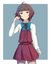Rule 34 | 1girl, absurdres, ahoge, aidesa, arm at side, arm up, bad id, bad pixiv id, black hair, blue background, blue bow, blue bowtie, blush, border, bow, bowtie, brown eyes, closed mouth, collared shirt, commentary, cowboy shot, dress, english commentary, gradient hair, grey pantyhose, highres, kantai collection, kishinami (kancolle), long sleeves, looking at viewer, multicolored hair, outside border, pantyhose, purple dress, purple hair, seamed legwear, shirt, short hair, side-seamed legwear, simple background, smile, solo, white border, white shirt