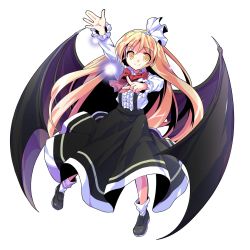 Rule 34 | 1girl, alphes (style), arm up, bat wings, black footwear, black skirt, blonde hair, bobby socks, bow, bowtie, buttons, closed mouth, dairi, dot nose, eyebrows, frilled sleeves, frills, full body, hair between eyes, hairband, high-waist skirt, highres, index finger raised, kurumi (touhou), legs apart, loafers, long hair, long sleeves, looking at viewer, orb, palms, parody, pigeon-toed, red bow, red bowtie, ribbon, shirt, shoes, skirt, smile, socks, solo, style parody, suspenders, tareme, touhou, touhou (pc-98), transparent background, very long hair, white hairband, white ribbon, white shirt, white socks, wings, yellow eyes