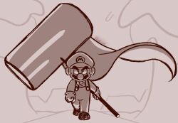 Rule 34 | 1boy, akiiame, cape, cape mario, facial hair, full body, gloves, hammer, hat, highres, holding, holding weapon, looking at viewer, mario, mario (series), mustache, nintendo, overalls, super mario world, walking, weapon