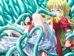 Rule 34 | 00s, 1girl, blonde hair, bloomers, bloomers pull, blush, closed eyes, female focus, long hair, lying, mahou shoujo sae, oral, rape, ribbon, solo, tears, tentacles, underwear, undressing