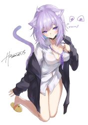 Rule 34 | 1girl, absurdres, animal ears, bare legs, black collar, black jacket, blush, breasts, cat ears, cat girl, cat tail, cleavage, closed mouth, collar, collared shirt, commentary, dated, dress shirt, english commentary, food, full body, highres, hololive, hz (helu 2), jacket, kneeling, light purple hair, long sleeves, looking at viewer, loose neckwear, medium breasts, neck ribbon, nekomata okayu, nekomata okayu (oversized shirt), official alternate costume, onigiri, open clothes, open jacket, purple eyes, purple ribbon, ribbon, shirt, short hair, signature, simple background, slippers, solo, tail, virtual youtuber, white background, white shirt, wing collar, yellow footwear