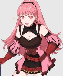 Rule 34 | 1girl, belt, breasts, cleavage, dress, earrings, female focus, fire emblem, fire emblem: three houses, gloves, highres, hilda valentine goneril, jewelry, large breasts, long hair, looking at viewer, matching hair/eyes, nintendo, open mouth, peach11 01, pink eyes, pink hair, red gloves, solo, thighs