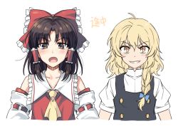 Rule 34 | 2girls, ahoge, ascot, bare shoulders, blonde hair, blue bow, blush, bow, braid, brown eyes, brown hair, buttons, closed mouth, collarbone, collared dress, detached sleeves, dress, frills, grey vest, hair between eyes, hair bow, hair ornament, hair tubes, hakurei reimu, hands on own hips, kirisame marisa, long sleeves, looking at viewer, mandarin collar, multiple girls, no headwear, open mouth, parted bangs, puffy short sleeves, puffy sleeves, re ghotion, red bow, red dress, shirt, short hair, short sleeves, simple background, single braid, smile, straight-on, teeth, touhou, upper body, v-shaped eyebrows, vest, white background, white shirt, wide sleeves, wing collar, yellow ascot