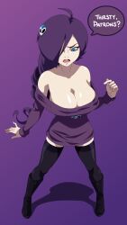 Rule 34 | 1girl, absurdres, alternate breast size, bare shoulders, black legwear, blue eyes, boots, breasts, cleavage, drill hair, hair ornament, hair over one eye, highres, large breasts, long hair, off-shoulder, off-shoulder sweater, off shoulder, purple hair, solo, sweater, zone-tan