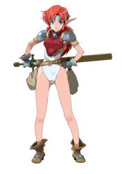 Rule 34 | 1girl, armor, blue eyes, boots, enami katsumi, fingerless gloves, full body, gloves, headband, highres, holding, holding sword, holding weapon, leotard, long hair, looking at viewer, mail (popful mail), pauldrons, pointy ears, popful mail, red hair, sack, scabbard, sheath, sheathed, shoulder armor, simple background, solo, standing, sword, weapon, white background