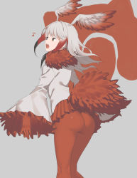 Rule 34 | 10s, 1girl, 2l (2lsize), ass, bad id, bad pixiv id, bird tail, blunt bangs, frilled sleeves, frills, gloves, grey background, head wings, highres, japanese crested ibis (kemono friends), japari symbol, kemono friends, long sleeves, looking at viewer, medium hair, microskirt, multicolored hair, music, musical note, pantyhose, pleated skirt, quaver, red gloves, red pantyhose, red skirt, shirt, silver hair, simple background, singing, skirt, solo, tail, two-tone hair, white shirt, wings, yellow eyes
