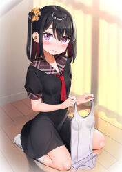 Rule 34 | :s, apollo (hu maple), black dress, black hair, blush, breasts, changing room, colored inner hair, commentary request, curtains, dot nose, dress, full body, furrowed brow, groin outline, hair ornament, hair scrunchie, highres, holding, holding clothes, holding swimsuit, indoors, kneehighs, looking at viewer, medium hair, multicolored hair, necktie, one-piece swimsuit, original, pink eyes, plaid, plaid sailor collar, red hair, red necktie, sailor collar, sailor dress, scrunchie, seiza, sitting, skin tight, small breasts, socks, solo, swimsuit, white one-piece swimsuit, white socks, yellow scrunchie
