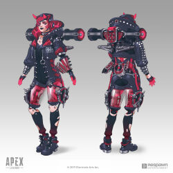 Rule 34 | 1girl, apex legends, black bodysuit, black footwear, black jacket, black lips, bodysuit, boots, character sheet, commentary, concept art, cyber punked wattson, electronic arts, english commentary, grey background, highres, hood, hood down, hooded jacket, horns, jacket, logo, mechanical legs, multiple views, official alternate costume, official art, one eye covered, production art, red eyes, red hair, respawn entertainment, silver choker, smile, wattson (apex legends), yang niangniang