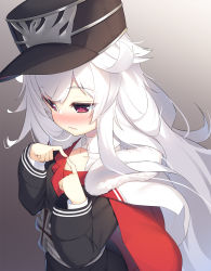 Rule 34 | 1girl, azur lane, black hat, blush, cape, child, closed mouth, commentary request, cross, fidgeting, frown, gradient background, grey background, hat, highres, index fingers together, iron cross, long hair, long sleeves, looking away, looking down, military, military uniform, olive (laai), peaked cap, purple eyes, red cape, silver hair, solo, uniform, upper body, very long hair, zeppy (azur lane)