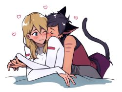 Rule 34 | 2girls, adora (she-ra), animal ears, bare arms, blonde hair, blue eyes, blush, brown hair, cat ears, cat girl, catra, kissing cheek, dcon 34, closed eyes, holding hands, heart, highres, kiss, masters of the universe, multiple girls, one eye closed, she-ra and the princesses of power, shirt, short hair, tail, white background, white shirt, yuri
