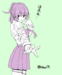 Rule 34 | 10s, 1girl, female focus, foreshortening, green background, hair ribbon, hand up, hikawa79, kantai collection, kazagumo (kancolle), limited palette, long sleeves, monochrome, neckerchief, open mouth, outstretched arm, pleated skirt, ponytail, purple eyes, purple hair, ribbon, school uniform, shirt, simple background, sketch, skirt, solo, text focus, thighhighs, translation request, twitter username, uniform