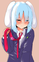 Rule 34 | 1girl, akure ekuto, animal ears, aqua hair, black jacket, blush, closed mouth, commission, condom, crescent, crescent pin, embarrassed, floppy ears, highres, jacket, looking to the side, necktie, rabbit ears, red necktie, reisen (touhou bougetsushou), shirt, short hair, solo, touhou, upper body, white shirt