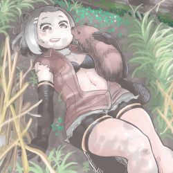 Rule 34 | 10s, 1girl, :d, american beaver (kemono friends), animal ears, beaver, beaver ears, beaver tail, bike shorts, black bra, black gloves, bra, breasts, brown eyes, brown jacket, elbow gloves, feet out of frame, gloves, grass, grey hair, hair ornament, hairclip, hare (tetterutei), highres, jacket, kemono friends, legs together, looking at viewer, lying, navel, on back, open mouth, short hair, sleeveless jacket, small breasts, smile, solo, tail, underwear