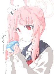 Rule 34 | 1girl, ahoge, blue archive, blue sailor collar, blush, bright pupils, cardigan, collarbone, drinking straw, drinking straw in mouth, halo, hands up, hariyaa, highres, juice box, long hair, long sleeves, natsu (blue archive), neckerchief, pink hair, red eyes, red neckerchief, sailor collar, side ponytail, sidelocks, simple background, sleeves past wrists, solo, trinity general school logo, white background, white cardigan