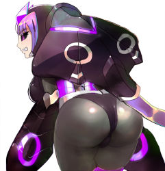 Rule 34 | 1girl, armor, ass, azure striker gunvolt, black sclera, bodysuit, breasts, byte (grunty-hag1), clenched teeth, colored sclera, elise (gunvolt), from behind, huge ass, purple eyes, purple hair, shiny clothes, sideboob, skin tight, solo, teeth, thick thighs, thighs, wide hips
