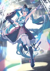 Rule 34 | 1girl, :d, absurdres, aqua eyes, aqua hair, aqua necktie, arm up, black bow, black footwear, black skirt, boots, bow, breasts, commentary, full body, gloves, hair bow, hatsune miku, highres, holding, holding microphone stand, kurohanesawa, looking at viewer, magical mirai (vocaloid), magical mirai miku, magical mirai miku (2016), microphone stand, necktie, open mouth, pantyhose, shirt, skirt, small breasts, smile, solo, stage, standing, standing on one leg, twintails, vocaloid, white gloves, white pantyhose, white shirt