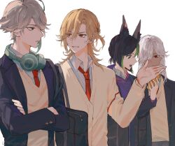 Rule 34 | 4boys, ahoge, alhaitham (genshin impact), animal ear fluff, animal ears, bag, black bag, black hair, black jacket, blonde hair, braid, buttons, cardigan, cellphone, collared shirt, commentary request, crossed arms, cyno (genshin impact), dark-skinned male, dark skin, eyelashes, fox ears, genshin impact, green eyes, green hair, grey hair, hair between eyes, hair over one eye, hand up, headphones, headphones around neck, highres, holding, holding phone, hood, hood down, hoodie, jacket, kaveh (genshin impact), lapels, long hair, long sleeves, looking at another, male focus, multicolored hair, multiple boys, necktie, omuomu 06, one eye covered, open clothes, open jacket, open mouth, parted bangs, parted lips, phone, profile, purple hoodie, red eyes, red necktie, school bag, school uniform, shirt, short hair, shoulder bag, sidelocks, simple background, smartphone, smile, sweater, swept bangs, tighnari (genshin impact), two-tone hair, white background, white hair, white shirt, wing collar, yellow cardigan, yellow sweater, zipper, zipper pull tab