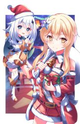 Rule 34 | 2girls, bare shoulders, bell, blonde hair, blue eyes, blush, cape, capelet, christmas, closed mouth, dress, flower, genshin impact, hair between eyes, hair flower, hair ornament, hat, highres, looking at viewer, lumine (genshin impact), multiple girls, neck bell, night, open mouth, outdoors, paimon (genshin impact), pso2kotone, santa costume, santa hat, short hair, sky, smile, star (sky), starry sky, white dress, white hair, yellow eyes