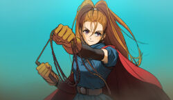 1girl barbara_(dq6) belt blue_background blue_dress cape closed_mouth commentary_request dragon_quest dragon_quest_vi dress dust_cloud earrings floating_cape floating_clothes floating_hair forehead gloves gradient_background high_ponytail holding holding_weapon holding_whip jewelry looking_to_the_side orange_hair purple_eyes red_cape simu_rr smile solo weapon whip yellow_gloves