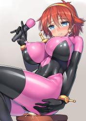 Rule 34 | 1girl, blue eyes, blush, bodysuit, breasts, brown hair, clenched teeth, covered erect nipples, g gundam, gundam, impossible clothes, lactation, lactation through clothes, large breasts, looking at viewer, milk, mobile trace suit, nagase haruhito, object insertion, rain mikamura, short hair, solo, teeth, vaginal, vaginal object insertion