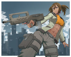 Rule 34 | 1girl, abs, aiming, assault rifle, belt, breasts, brown hair, bullpup, commentary, dark-skinned female, dark skin, earrings, ebr-kii, famas, female focus, gun, hair between eyes, handgun, holding, holding gun, holding weapon, holster, jacket, jewelry, large breasts, muscular, muscular female, navel, open clothes, open jacket, original, pistol, purple eyes, rifle, solo, sports bra, thigh holster, trigger discipline, twintails, weapon