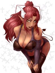 Rule 34 | arm warmers, breasts, brown lips, cleavage, dark-skinned female, dark skin, demon girl, demon tail, earrings, garter belt, garter straps, hair in own mouth, hair ribbon, highres, hoop earrings, horns, jewelry, large breasts, leaning forward, lingerie, lipstick, looking at viewer, makeup, mole, mole under mouth, nail polish, nofuture, original, pointy ears, red hair, red nails, ribbon, skindentation, solo, standing, tail, tan, underwear, yellow eyes