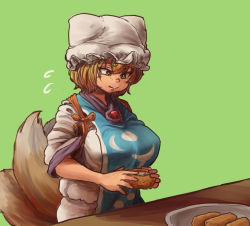 Rule 34 | 1girl, animal hat, blonde hair, breasts, chanta (ayatakaoisii), dress, food, fox tail, green background, hat, holding, holding food, large breasts, mob cap, multiple tails, mob cap, plate, short hair, simple background, smile, solo, tabard, tail, touhou, white dress, yakumo ran