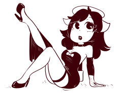 Rule 34 | 1girl, alice (bendy and the ink machine), bendy and the ink machine, black hair, breasts, choker, cleavage, detached sleeves, dress, gloves, high heels, horns, legs, lipstick, solo