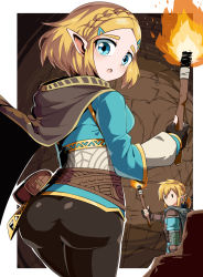 Rule 34 | 1boy, 1girl, ass, blonde hair, blue eyes, breasts, fingerless gloves, gloves, hair ornament, hairclip, highres, link, looking at viewer, nintendo, open mouth, pointy ears, princess zelda, shimure (460), short hair, the legend of zelda, the legend of zelda: breath of the wild, the legend of zelda: tears of the kingdom, thick eyebrows