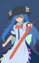 Rule 34 | 1girl, black background, blue hair, bow, bowtie, center frills, commentary, frills, highres, hinanawi tenshi, holding, holding sword, holding weapon, kakone, long hair, looking at viewer, one-hour drawing challenge, open mouth, peach hat ornament, red bow, red bowtie, red eyes, shirt, simple background, solo, sword, sword of hisou, touhou, weapon, white shirt