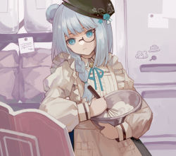 Rule 34 | 1girl, absurdres, alternate costume, animal ears, arknights, bear ears, bear girl, beret, blue eyes, blue flower, blue hair, blue rose, book, bowl, braid, cake, collared shirt, cooking, cowboy shot, flower, food, frilled shirt, frills, frying pan, gummy (arknights), hair ornament, hat, hat flower, head tilt, highres, holding, holding bowl, istina (arknights), long hair, long sleeves, low-tied long hair, miike (992058), mixing bowl, monocle, parted lips, plate, refrigerator, rose, shirt, solo, star (symbol), star hair ornament, tilted headwear, whisk, whisking, white shirt