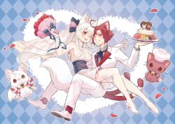 Rule 34 | 1boy, 1girl, animal collar, animal ears, bell, bouquet, breasts, bridal veil, bride, cake, cat, cat boy, cat ears, cat tail, chinese commentary, cleavage, collar, commentary request, dress, flower, food, fox, fox ears, fox girl, fox tail, grin, heart, hetero, holding, holding bouquet, holding cake, holding food, husband and wife, jacket, jingle bell, long hair, medium breasts, multiple tails, one eye closed, open mouth, original, pants, petals, ponytail, red eyes, red flower, red hair, red rose, rose, rose petals, sidelocks, sitting, sitting on lap, sitting on person, smile, strapless, strapless dress, tail, thighhighs, tuxedo, veil, wedding, white footwear, white hair, white jacket, white pants, white thighhighs, whotsou