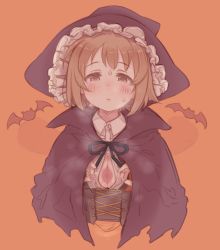 Rule 34 | 1girl, 7010, black cloak, blush, breasts, breath, brown eyes, brown hair, button gap, cleavage, cloak, commentary request, fangs, halloween, halloween costume, hat, idolmaster, idolmaster cinderella girls, invisible penis, looking at viewer, medium breasts, mimura kanako, orange background, paizuri, penis, shirt, short hair, simple background, solo focus, sweat, upper body, white shirt, witch hat