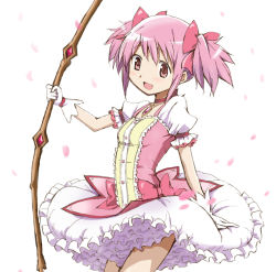 Rule 34 | 1girl, :d, bow (weapon), bubble skirt, choker, cowboy shot, gloves, hair ribbon, holding, holding bow (weapon), holding weapon, kaname madoka, kinfuji, looking to the side, magical girl, mahou shoujo madoka magica, mahou shoujo madoka magica (anime), open mouth, pink eyes, pink hair, pink ribbon, ribbon, short hair, short twintails, simple background, skirt, smile, solo, twintails, weapon, white background, white gloves