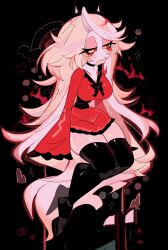 1girl blonde_hair blush_stickers bow bowtie charlie_morningstar colored_sclera colored_skin demon_girl demon_horns formal hazbin_hotel highres horns long_hair looking_at_viewer red_eyes red_sclera suit usa37107692 very_long_hair yellow_sclera