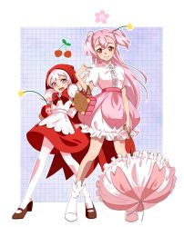 Rule 34 | 2girls, apron, bow, cape, cherry, cherry blossom cookie, cherry blossoms, cherry bomb, cherry cookie, cloak, cookie run, female focus, food, fruit, hood, hooded cloak, long hair, mary janes, multiple girls, name connection, pantyhose, parasol, pink eyes, pink hair, pink skirt, red cape, red hood, red skirt, sammu, shoes, siblings, sisters, skirt, smile, twintails, two side up, umbrella, white background, white hair, white legwear