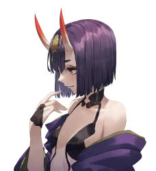 Rule 34 | 1girl, bare shoulders, bob cut, breasts, commentary, english commentary, eyeliner, fate/grand order, fate (series), hair between horns, headpiece, highres, horns, japanese clothes, kimono, licking lips, makeup, oni, profile, purple eyes, purple hair, purple kimono, revealing clothes, saliva, saliva trail, short hair, shuten douji (fate), simple background, skin-covered horns, small breasts, solo, tesin (7aehyun), tongue, tongue out, upper body, white background