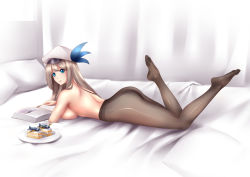 Rule 34 | 1girl, aircraft, airplane, ass, bed, black pantyhose, blonde hair, blue eyes, book, breast press, breasts, cake, closed mouth, curtains, female focus, food, hair ornament, hat, highres, l.sy, large breasts, legs up, lexington (warship girls r), light brown hair, long hair, lying, no panties, no pants, no shoes, on bed, on stomach, open book, pantyhose, pillow, plate, smile, solo, sweets, topless, uss lexington (cv-2), very long hair, warship girls r