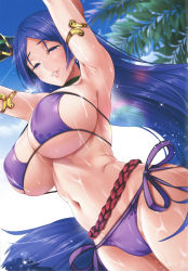 Rule 34 | 1girl, absurdres, armlet, armpits, arms behind head, arms up, bikini, blue eyes, blue hair, blush, breasts, breath, cameltoe, choker, cleavage, clenched teeth, cloud, day, fate/grand order, fate (series), female focus, floating hair, from below, groin, half-closed eyes, highres, huge breasts, legs, legs together, long hair, looking at viewer, minamoto no raikou (fate), minamoto no raikou (fate/grand order), minamoto no raikou (swimsuit lancer) (fate), naughty face, navel, nose blush, oni-noboru, outdoors, parted bangs, parted lips, purple bikini, sky, smile, solo, standing, string bikini, swimsuit, teeth, thighs, very long hair, wet